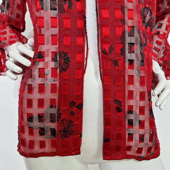 Notations Red Black Floral Romantic Academia Sheer Bell Sleeve Blouse Size M - Picture 3 of 12